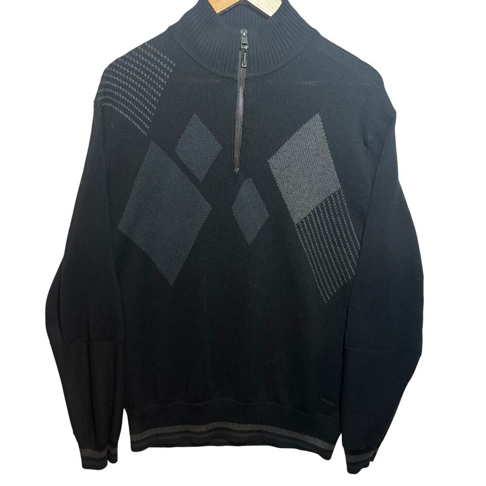 Calvin Klein Mens Quarter Zip Sweater Size L Black Gray Argyle